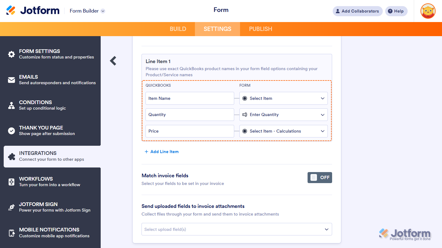 Line Item mapper for regular fields in Jotform's QuickBooks integration