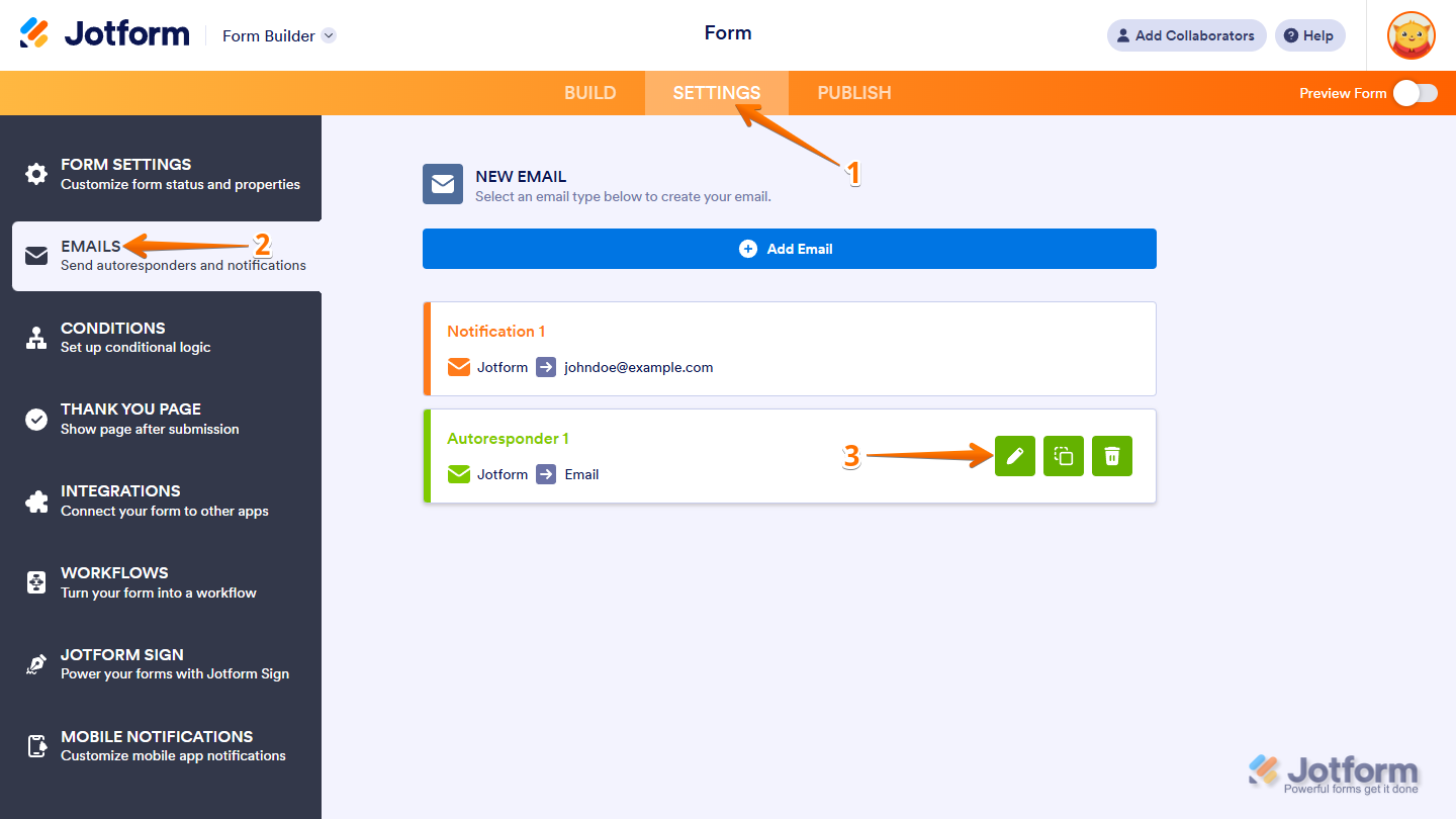 Opening the Email Autoresponder settings by clicking the pencil icon under Emails in Form Builder settings in Jotform