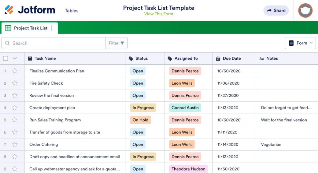 Project Task List Template