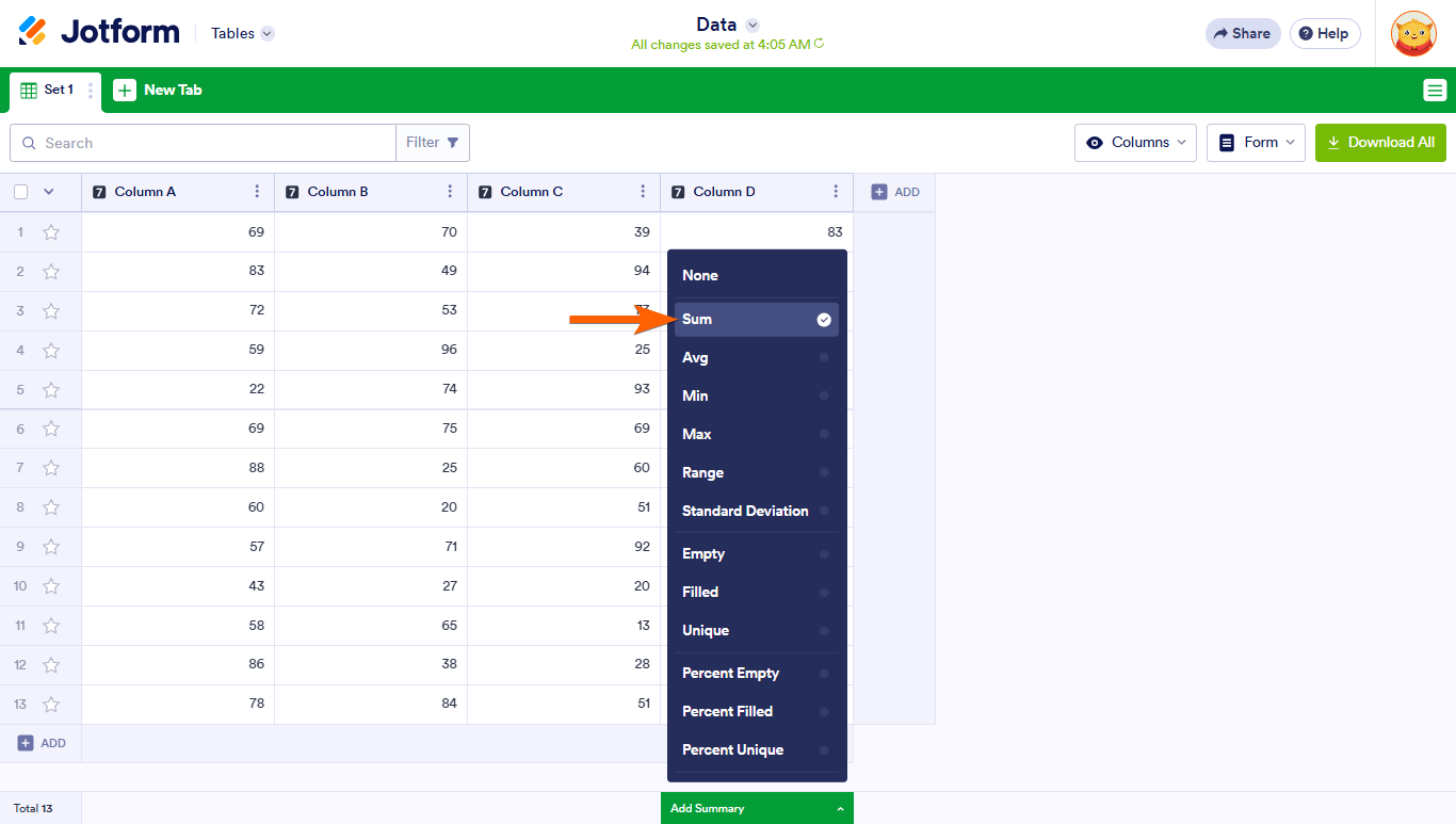 A Sum option in a Jotform Tables Add Summary menu