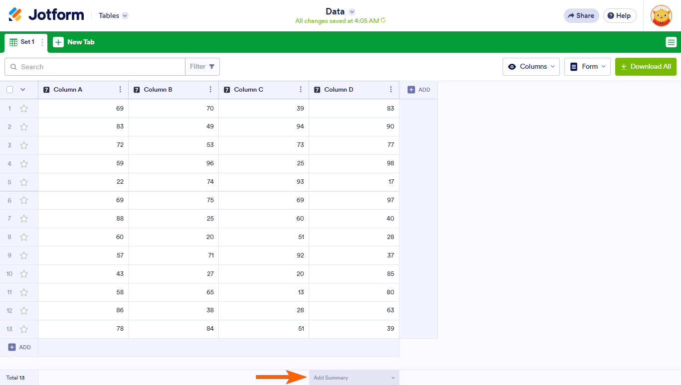 An Add Summary menu in Jotform Tables