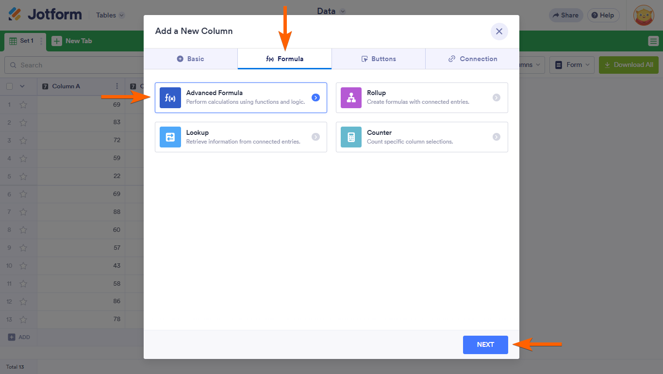 An Advanced Formula option in a Jotform Tables Add a New Column dialog
