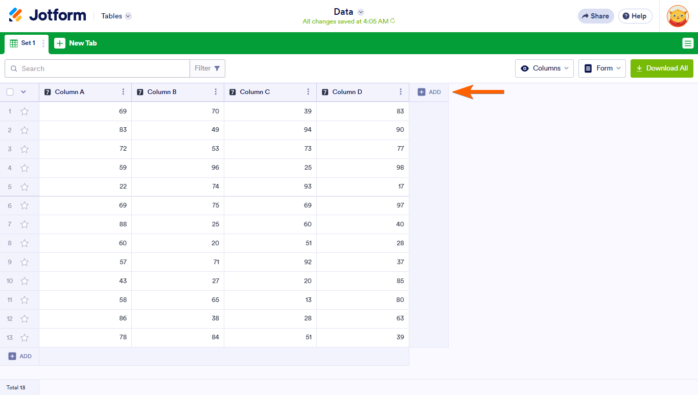An Add Column button in Jotform Tables