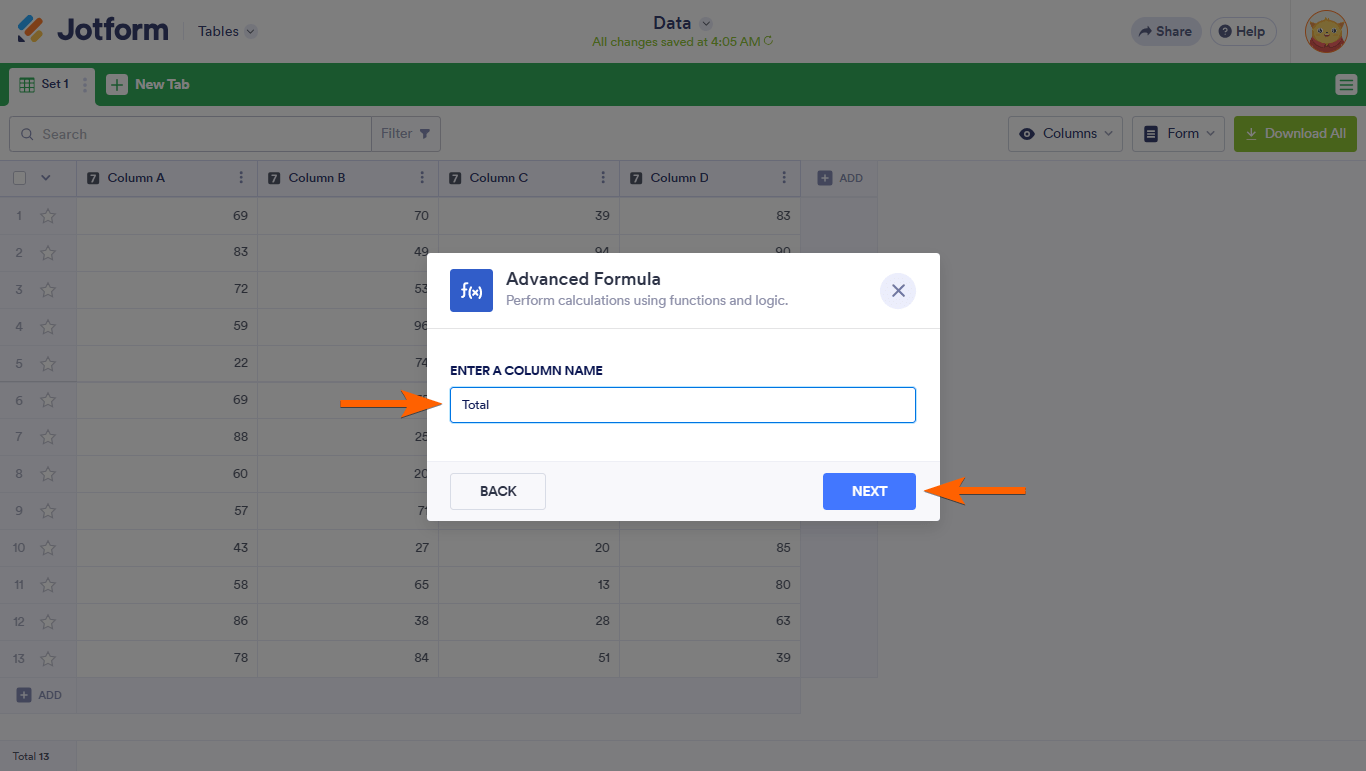 A Column Name field in a Jotform Tables Advanced Formula dialog
