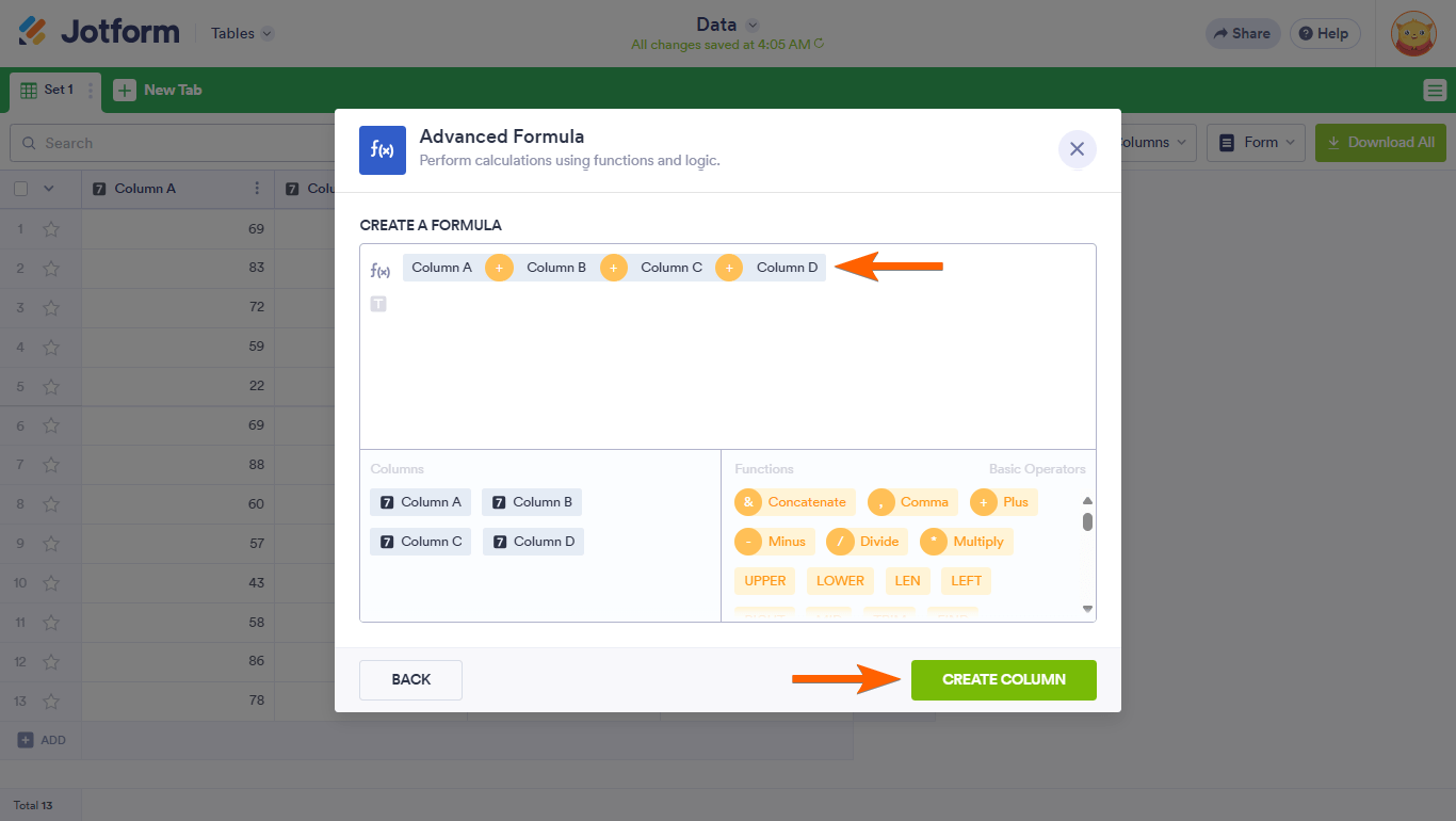 A Create Column button in a Jotform Tables Advanced Formula dialog