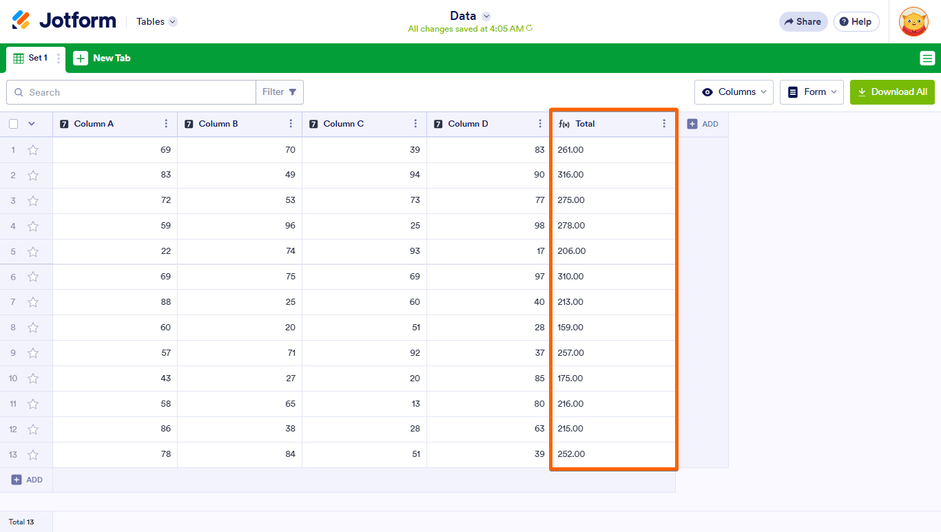 Sum of fields for each row in Jotform Tables