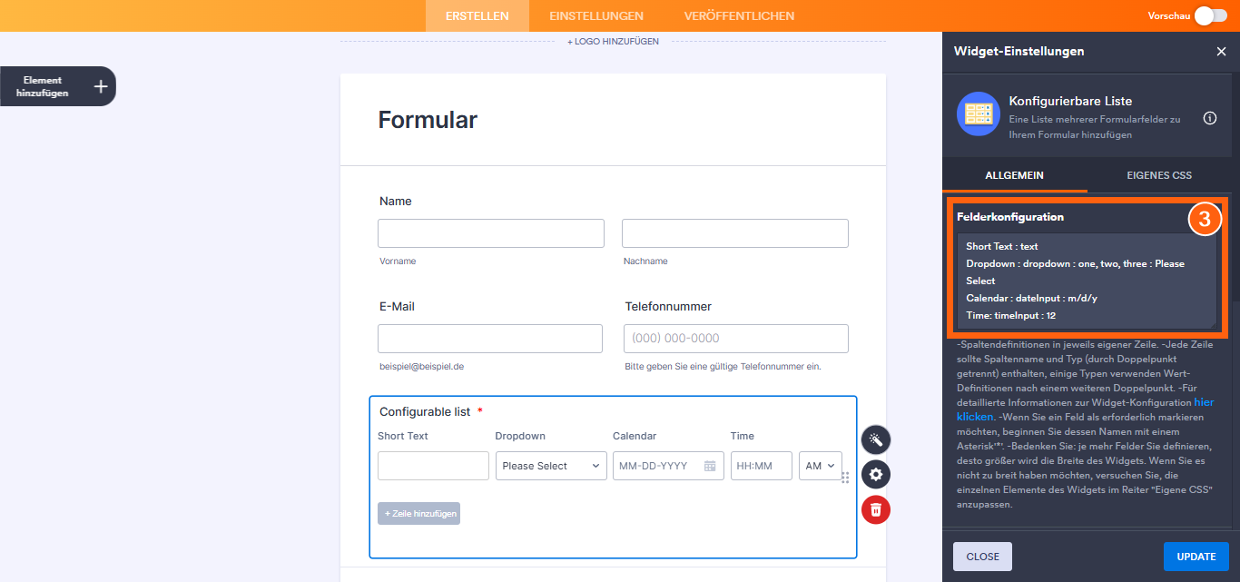 Einstellungen für konfigurierbare Listen-Widgets im Formular-Builder öffnen. Felderkonfiguration einrichten.