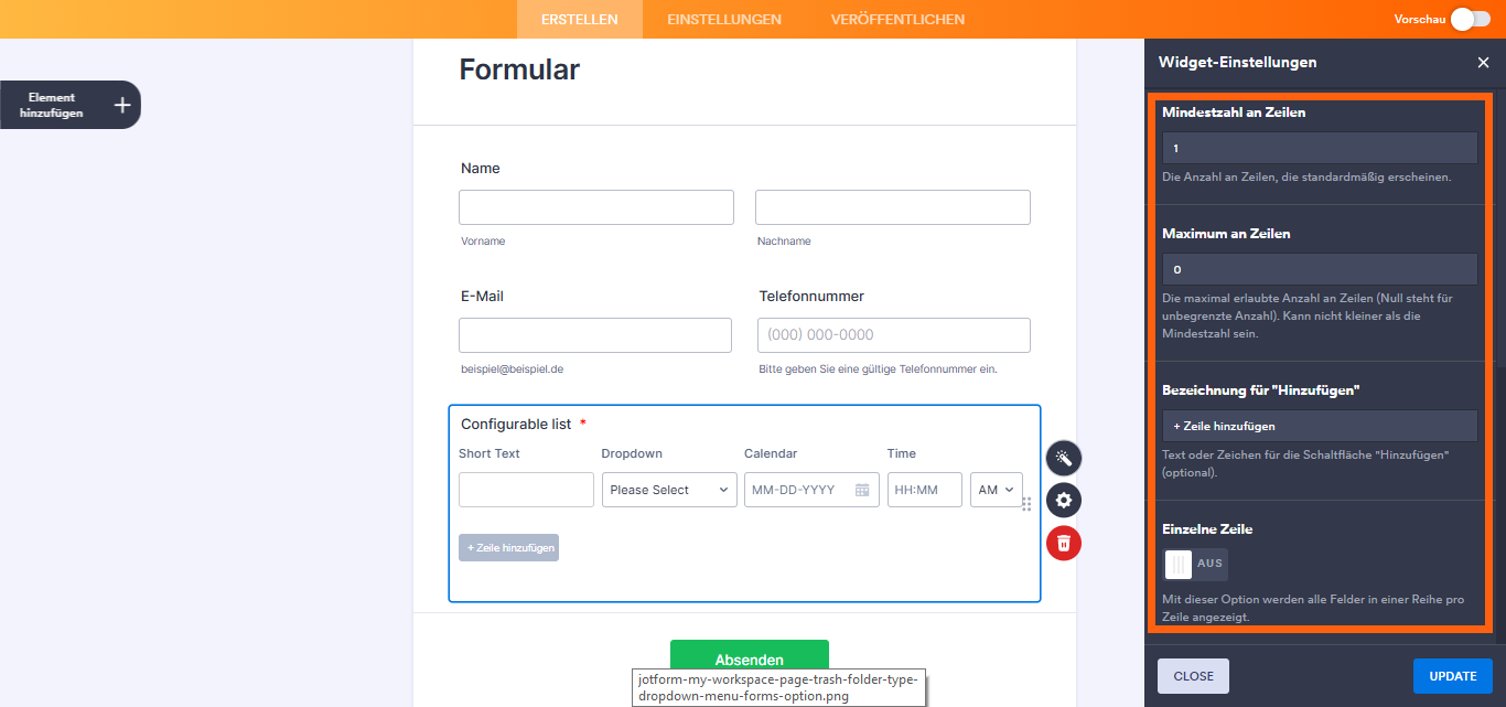 Konfigurierbare Listeneinstellungen mit minimalen und maximalen Zeilen, Beschriftung der Schaltfläche „Hinzufügen“ und Einzelzeilenoption.