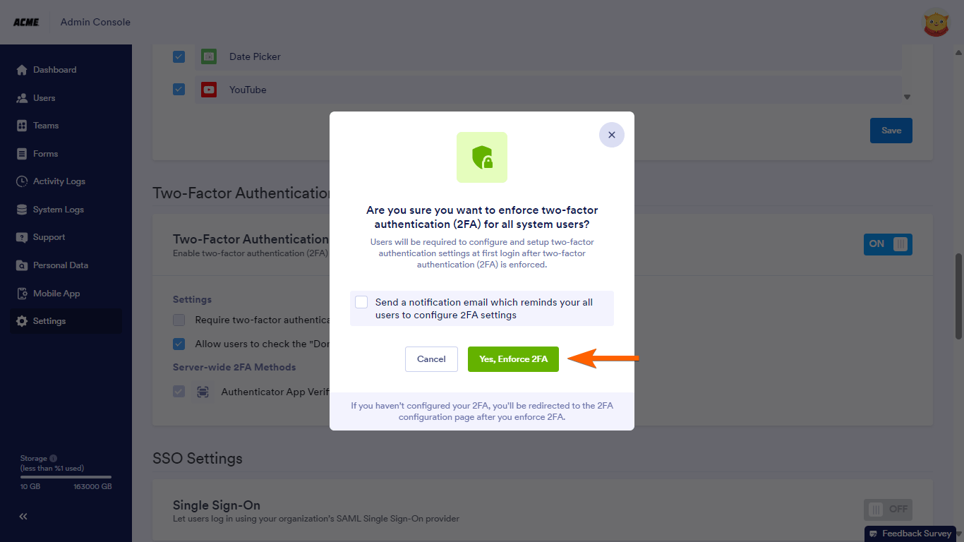 Der Enforce 2FA Dialog Jotform Enterprise