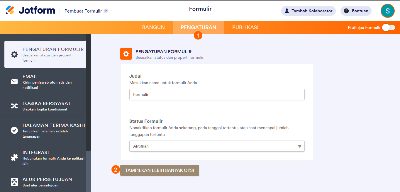 tunjukkan opsi lainnya pembangun formulir