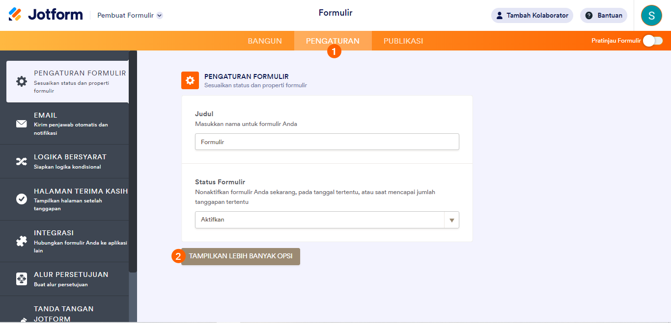 Tab Pengaturan di Pembangun Formulir Jotform dengan tombol Tampilkan Lebih Banyak Opsi