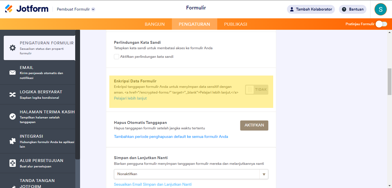 Enkripsi opsi Data Formulir di tab Pengaturan Pembangun Formulir Jotform