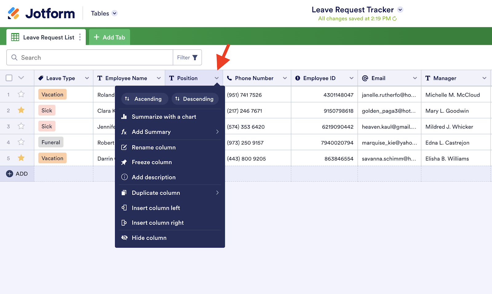 Screen capture of Jotform Tables showcasing its various features designed to enhance approval workflow