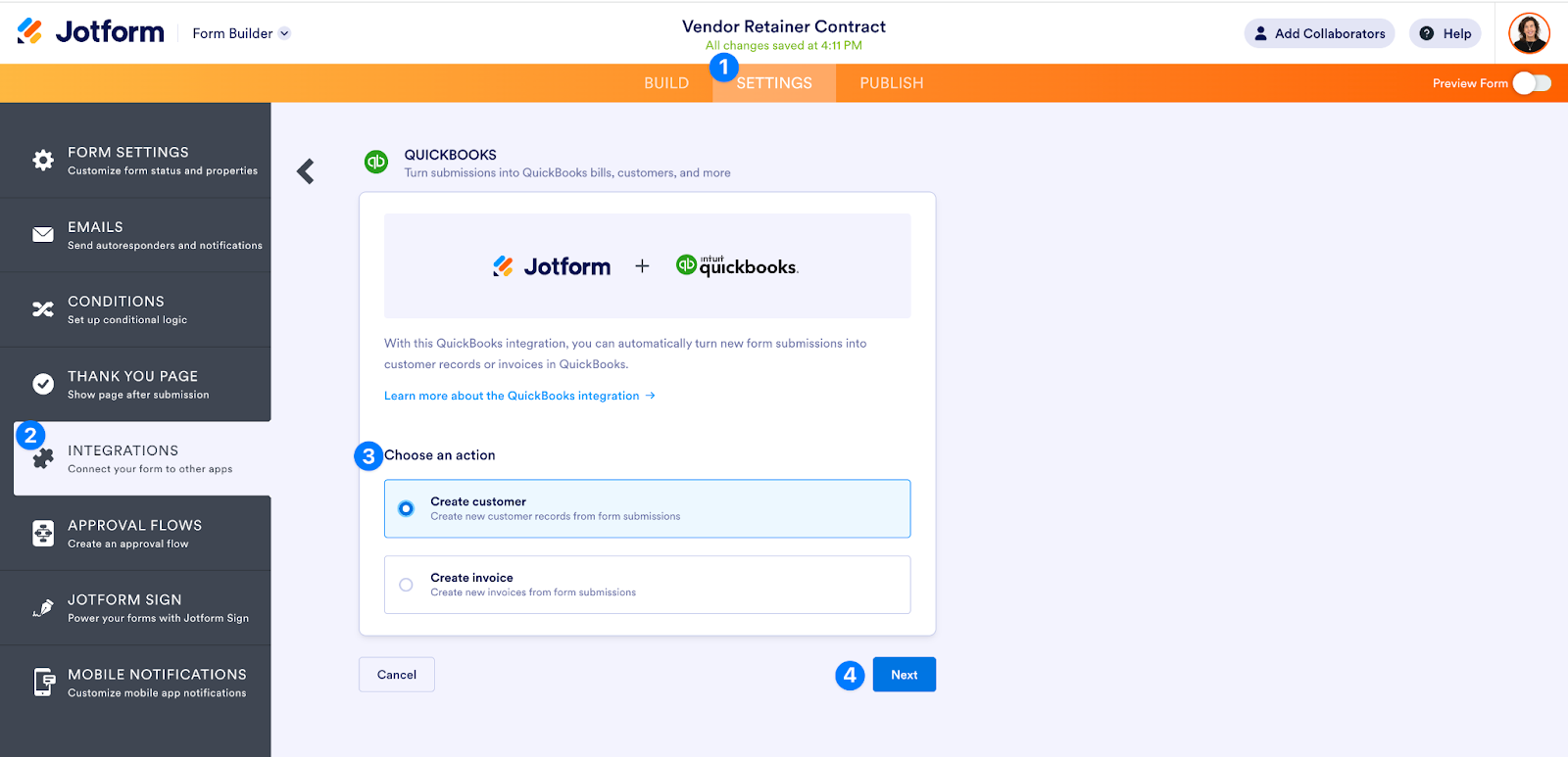 Screenshot showing the process of connecting a form to QuickBooks