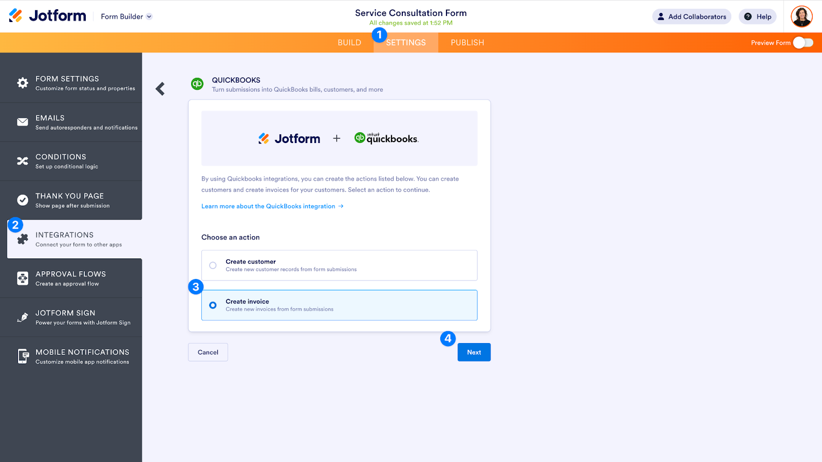 Screenshot illustrating the setup process for automating invoicing with QuickBooks