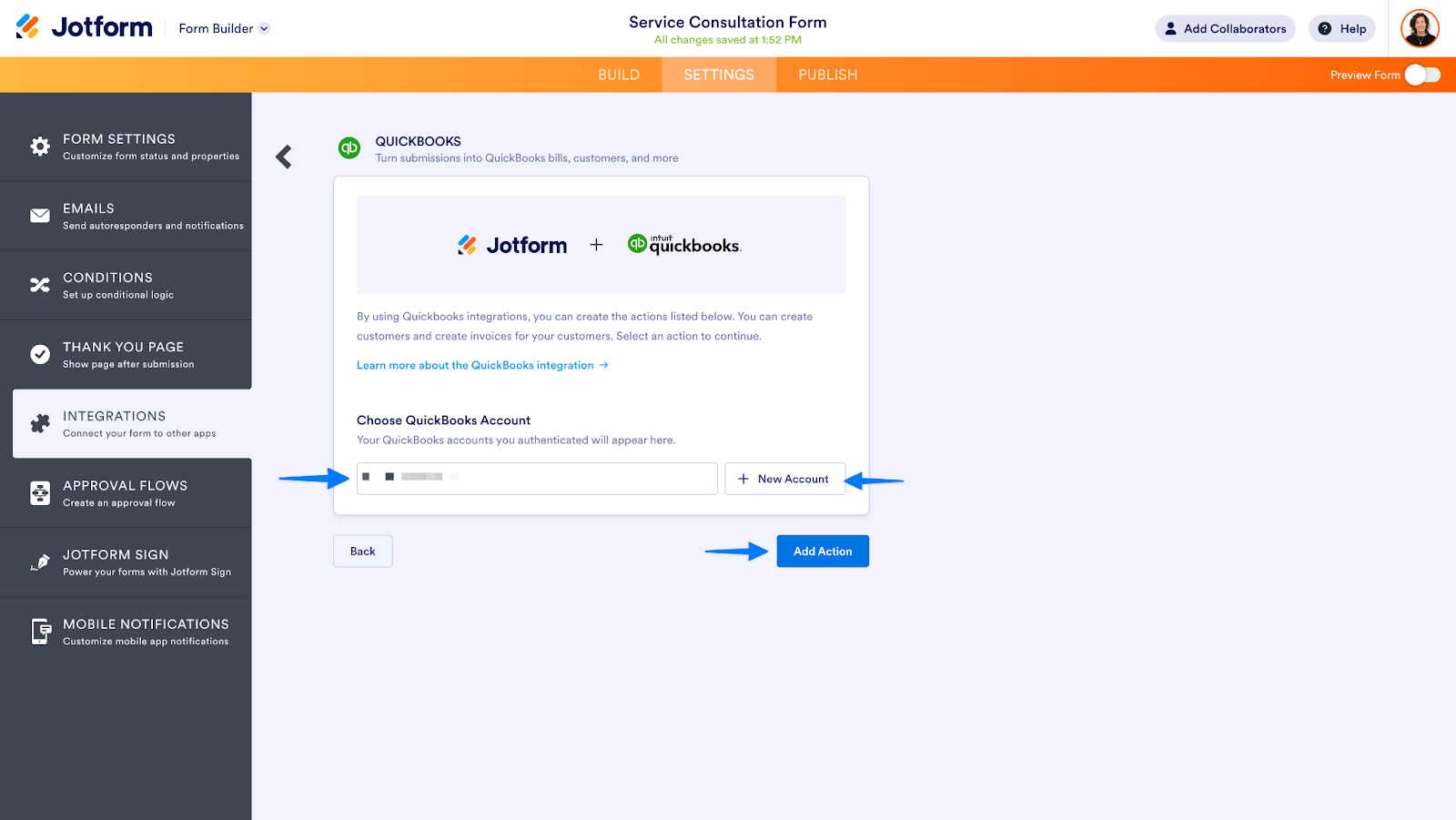 Screenshot presenting options for selecting an authenticated QuickBooks account