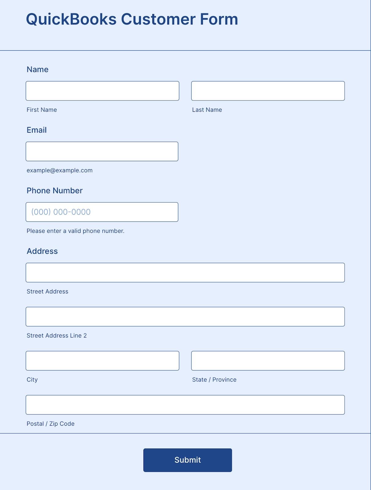 User interface of quickbooks customer form