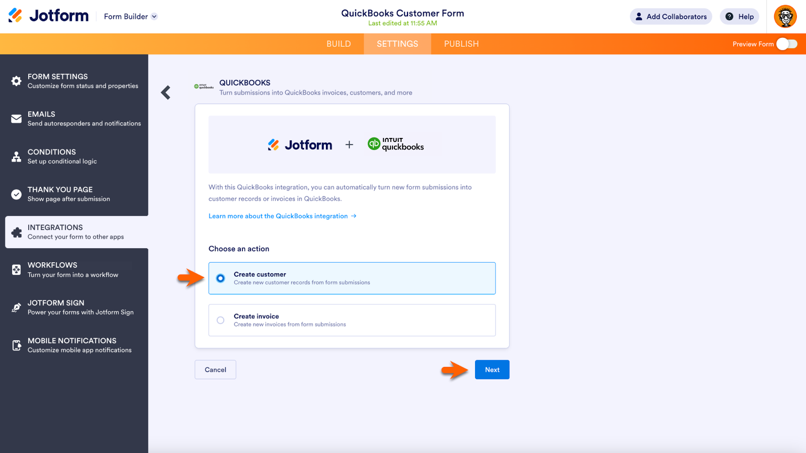 Selecting the "Create customer" action and clicking on Next on the Jotform Form Builder