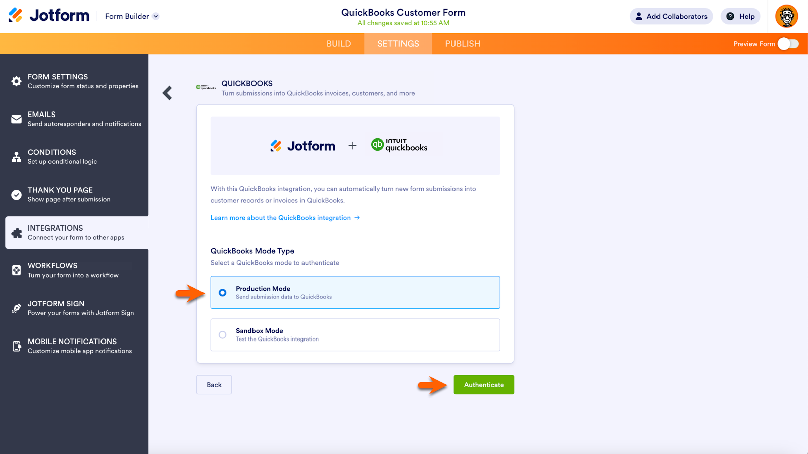 Clicking on the Production Mode under the QuickBooks mode type and clicking on Authenticate on Jotform Form Builder