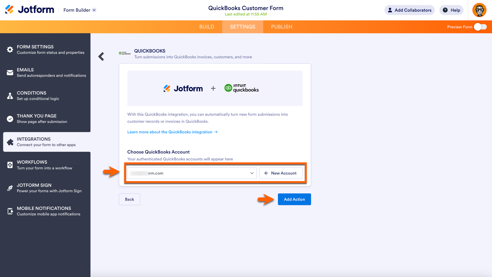 Choosing the Quickbooks Account and clicking on the Add Action button on Jotform Form Builder