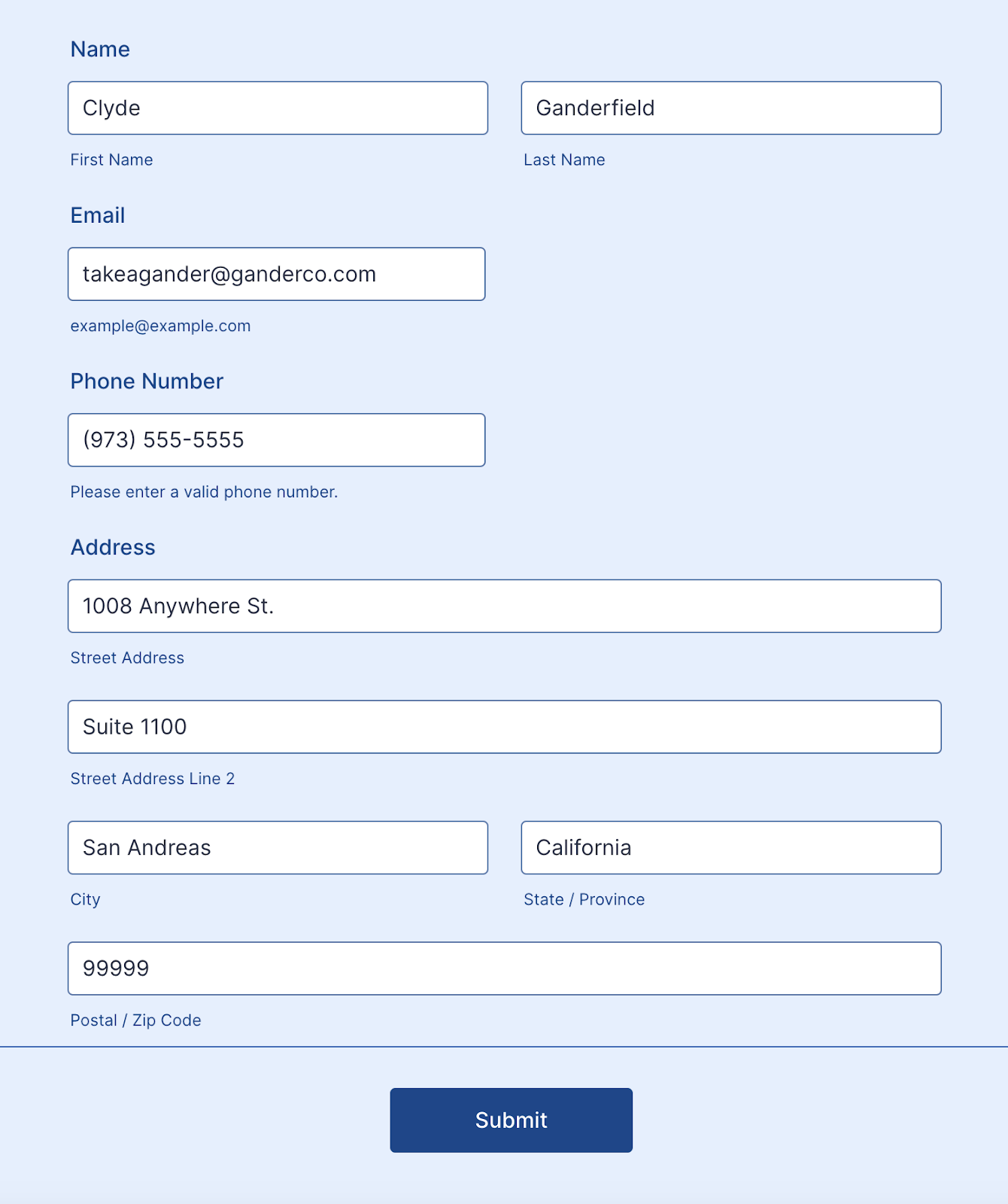 Screenshot of a completed sample form in Jotform, filled out with fictional customer data