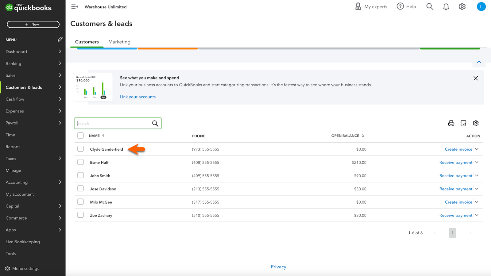Screenshot showing the 'Customers & leads' section in a QuickBooks account with the newly added customer from the Jotform form