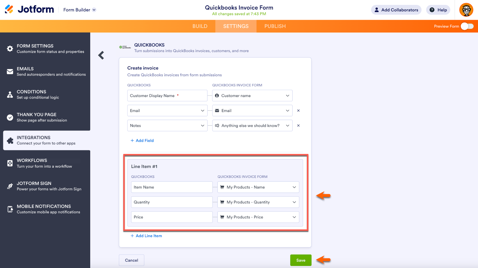 Highlighting the matched data fields in the Quickbooks integration page