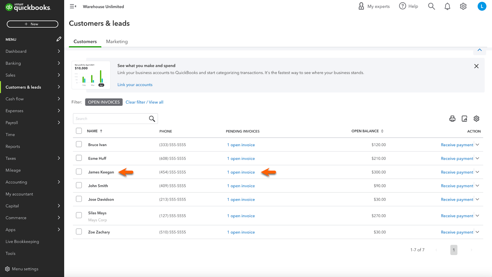 Screenshot of the QuickBooks interface, specifically highlighting the process to locate and view an invoice