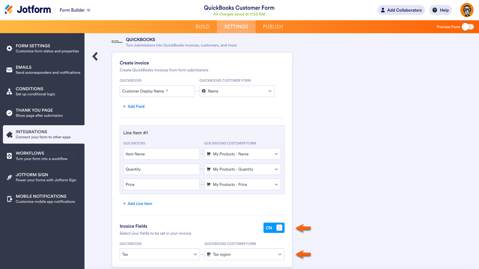 Screenshot of the 'Invoice Fields' settings in Jotform's QuickBooks integration, highlighting the toggle switch for U