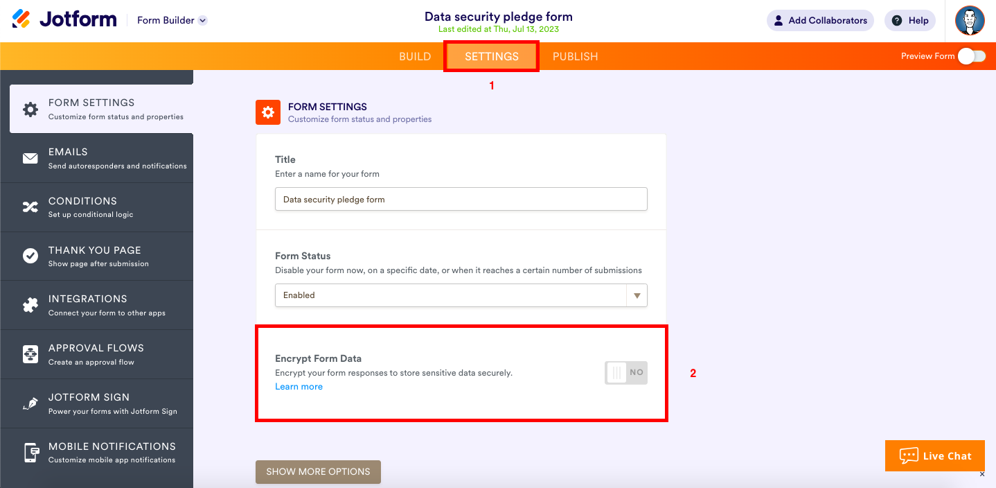 Screenshot depicting the interface for enhancing security of encrypted forms in Jotform