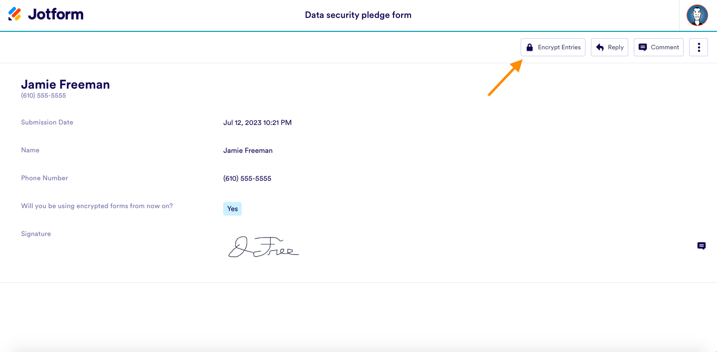 Screenshot showing an unencrypted form data view in Jotform