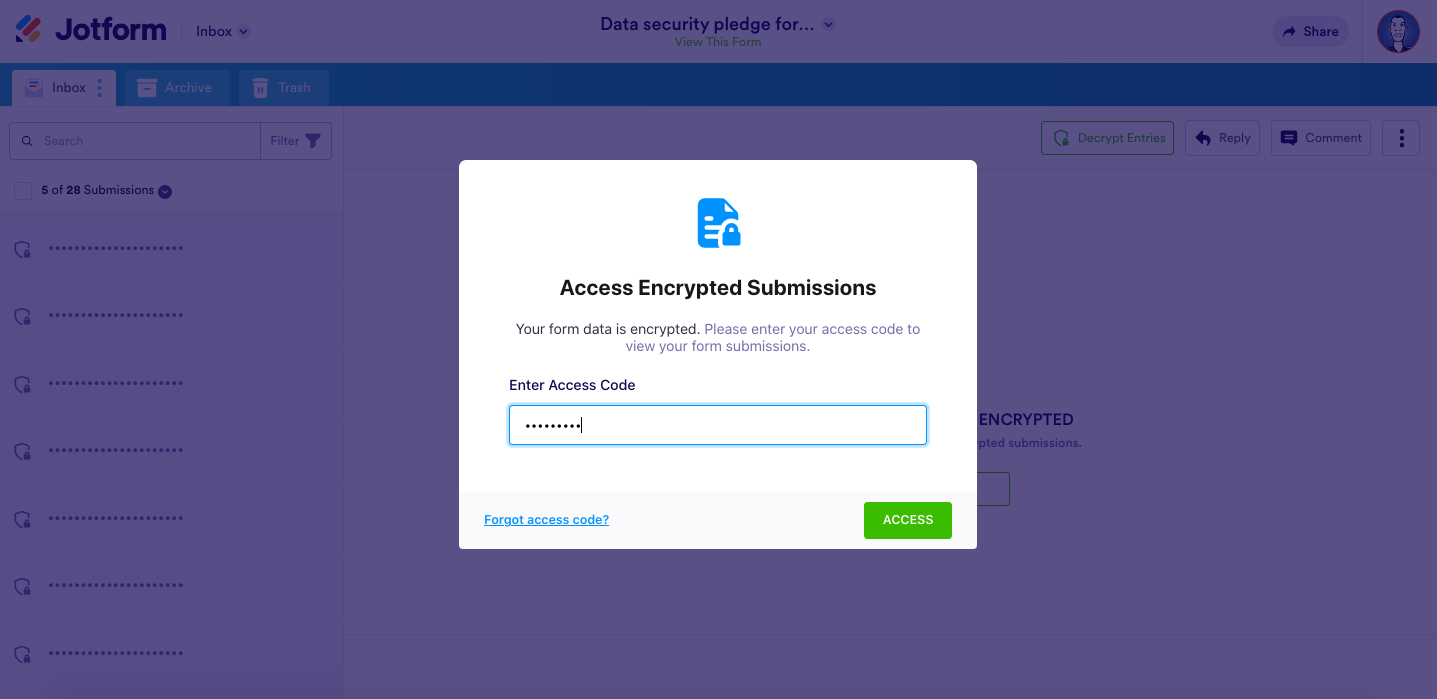 screenshot of access encrypted submissions