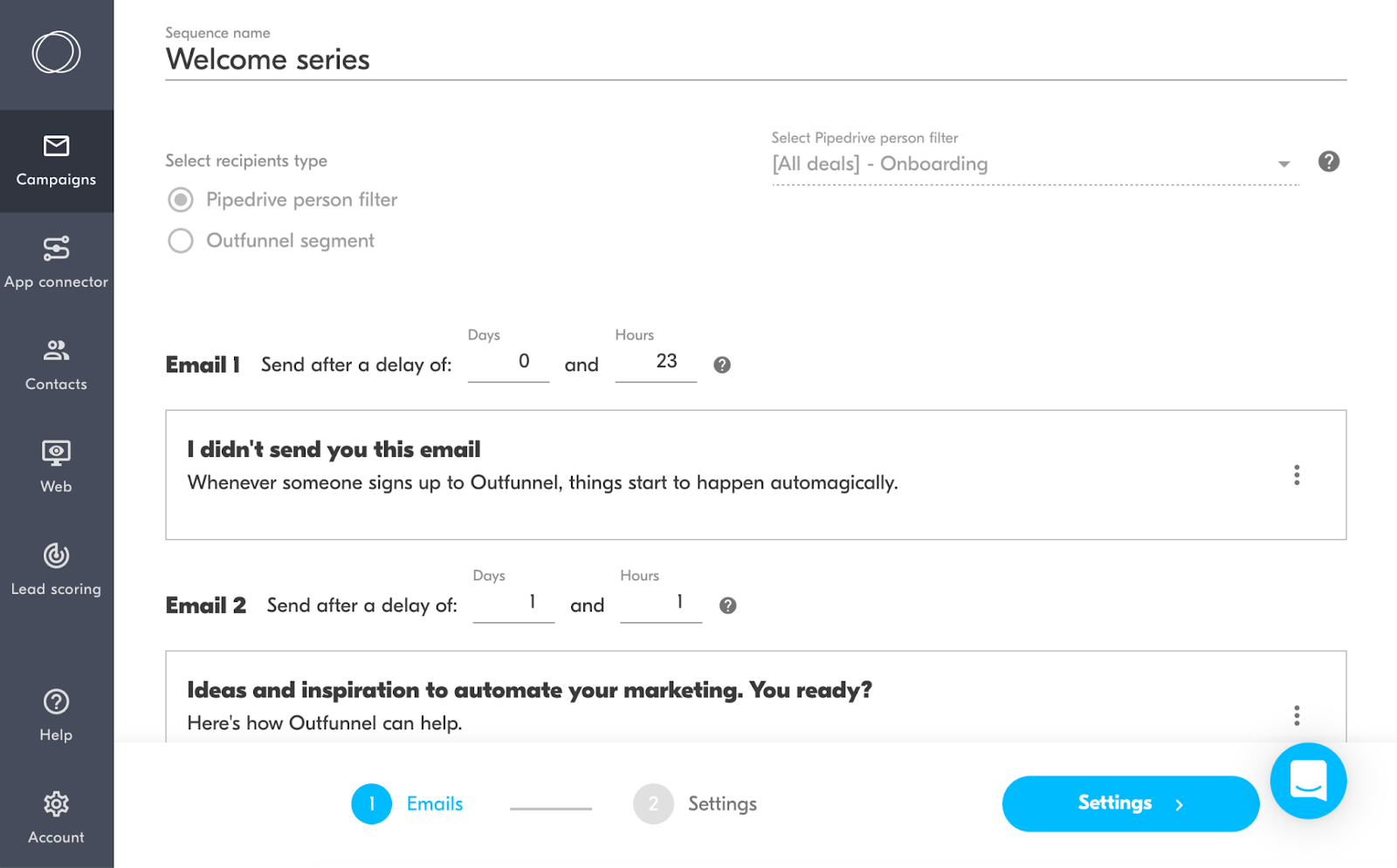 user interface of outfunnel
