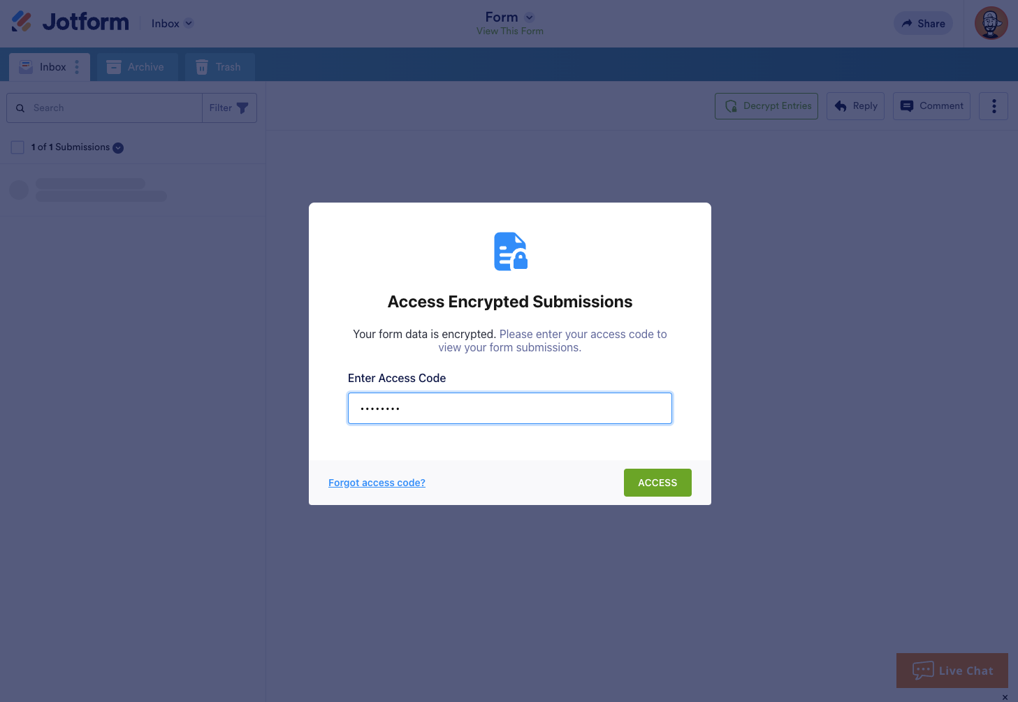 Screenshot showing the process of accessing encrypted form data