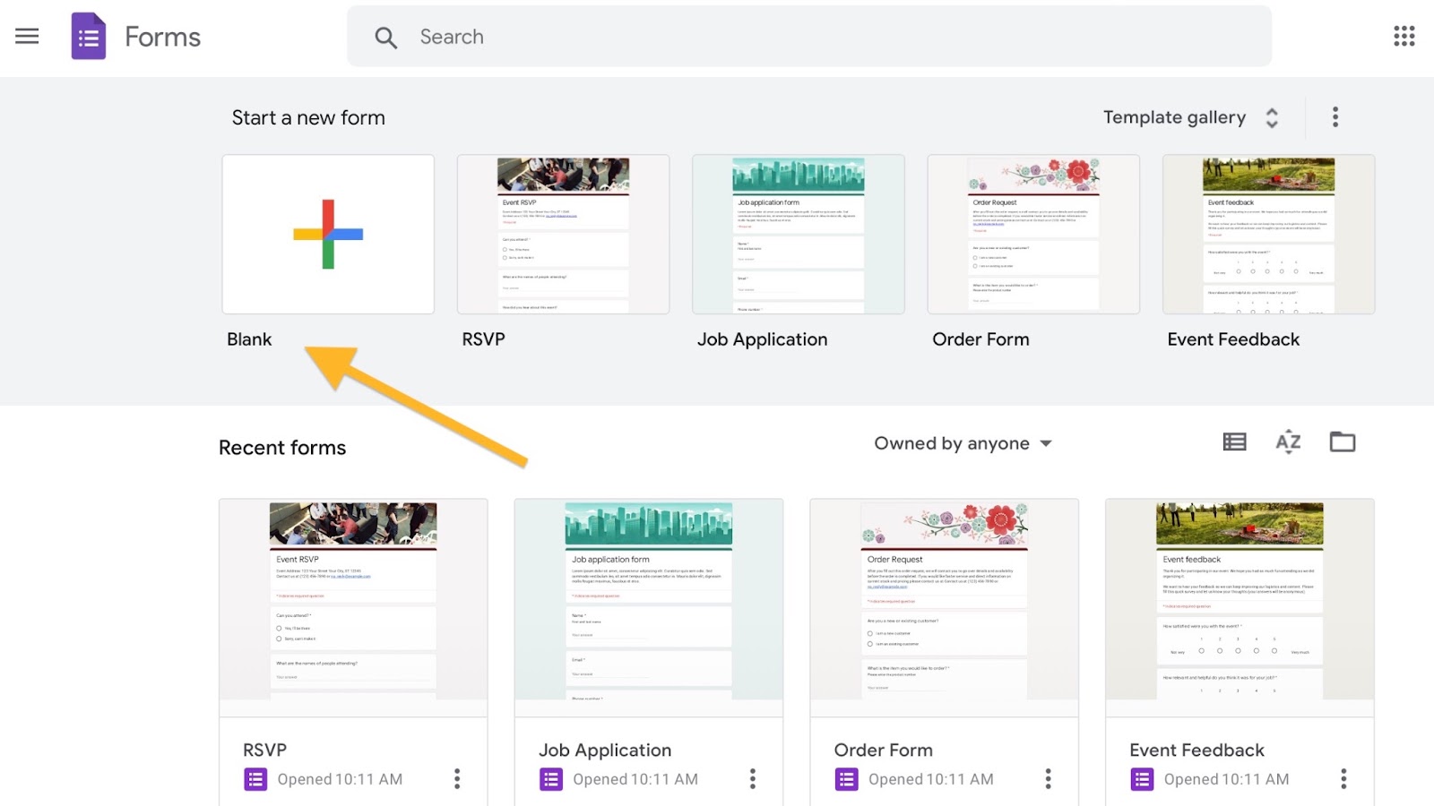 'Boş' butonunu vurgulayan Google Forms arayüzü resmi