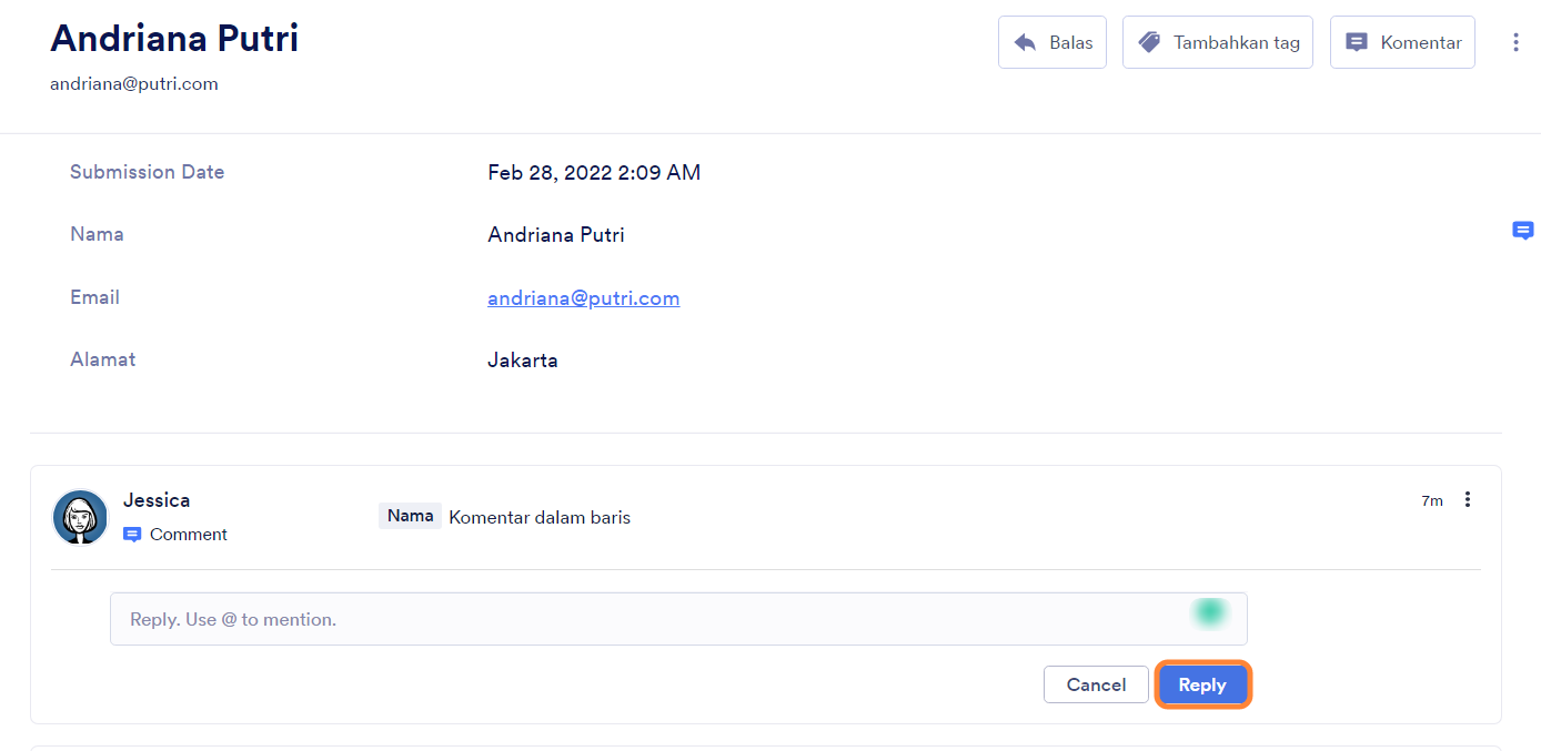 Balasan kiriman komentar kotak masuk