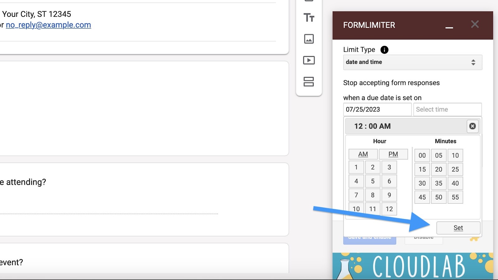 Screenshot of the 'date and time' setting within the formLimiter interface, showing fields for entering the desired form closure date and time