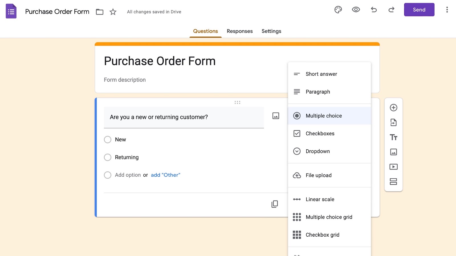 Çeşitli soru türlerinin gösterildiği bir Google Forms oluşturma ekranı resmi