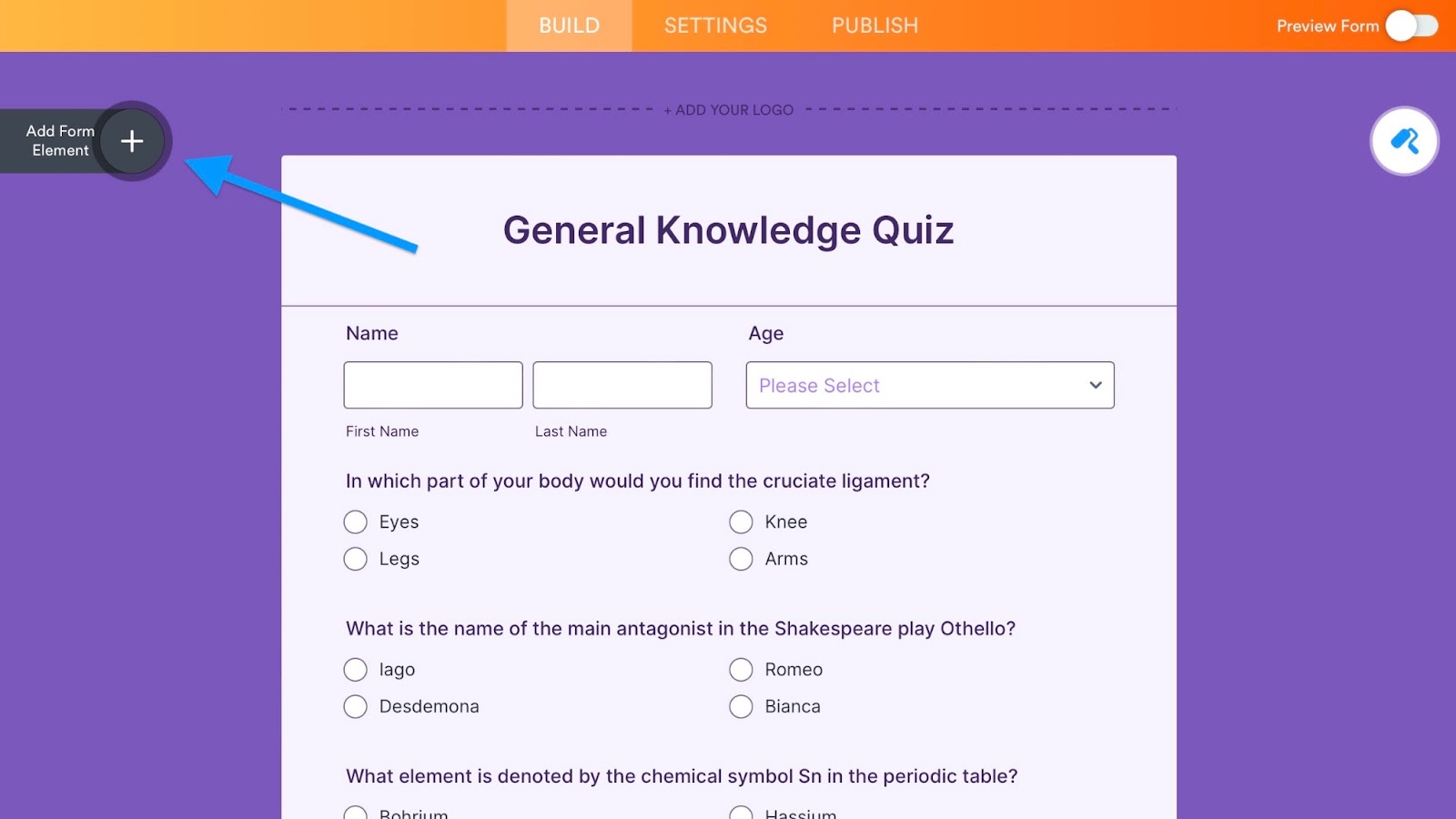 Image of the Jotform Form Builder interface highlighting the 'Add Form Element' button on the left side