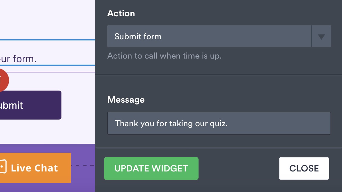 Image of the bottom section of the 'Global Countdown' widget settings menu in Jotform, featuring an 'Update' button
