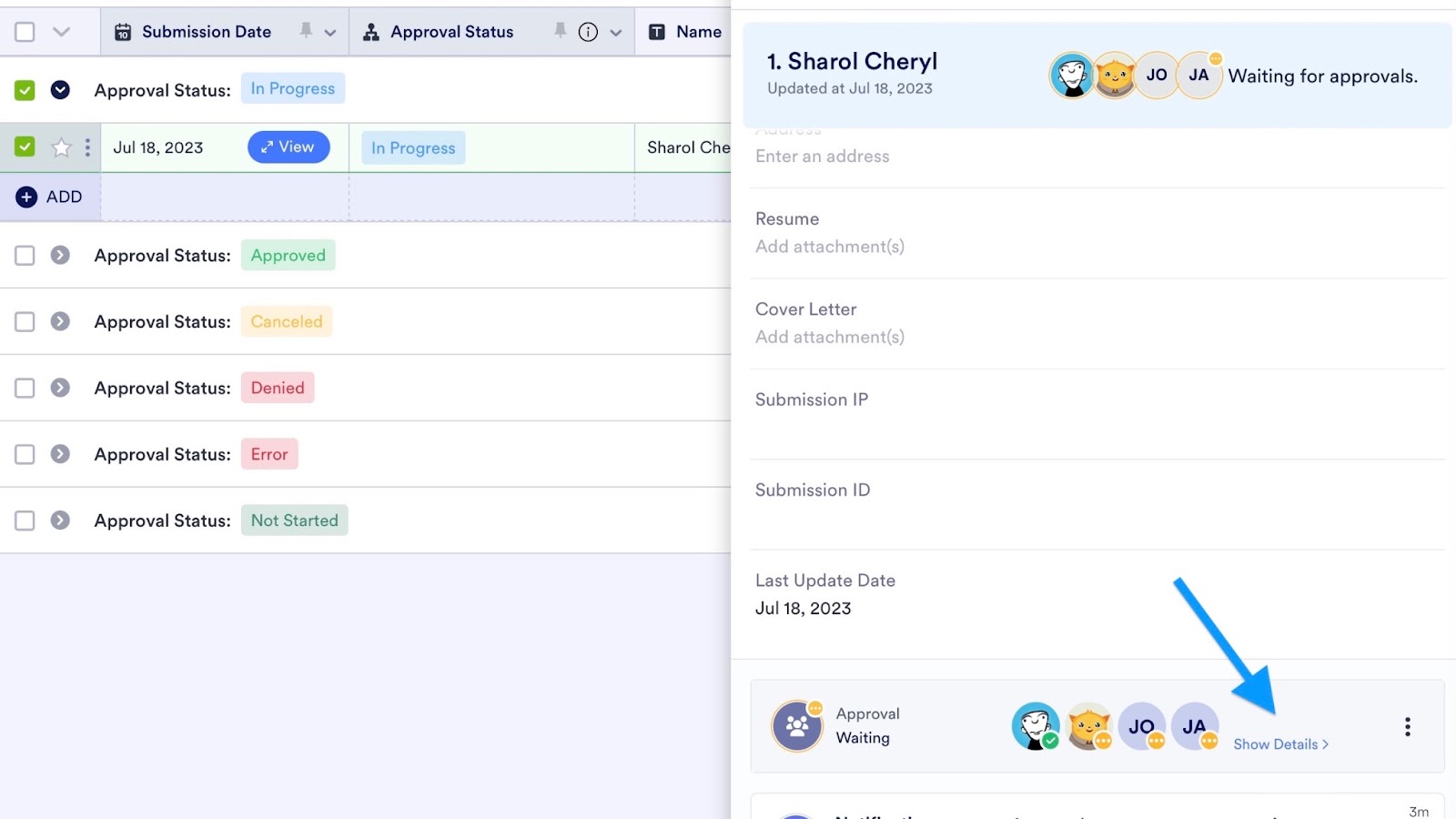 Screenshot of Jotform Approvals and Jotform Tables integration interface, highlighting seamless collaboration between team members