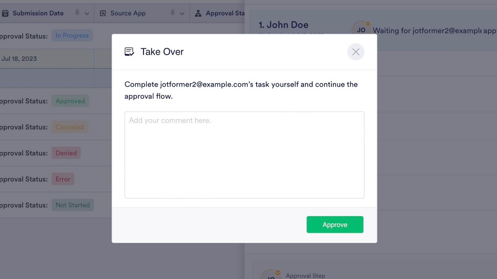 Screenshot of Jotform Tables interface displaying features designed to streamline approval processes