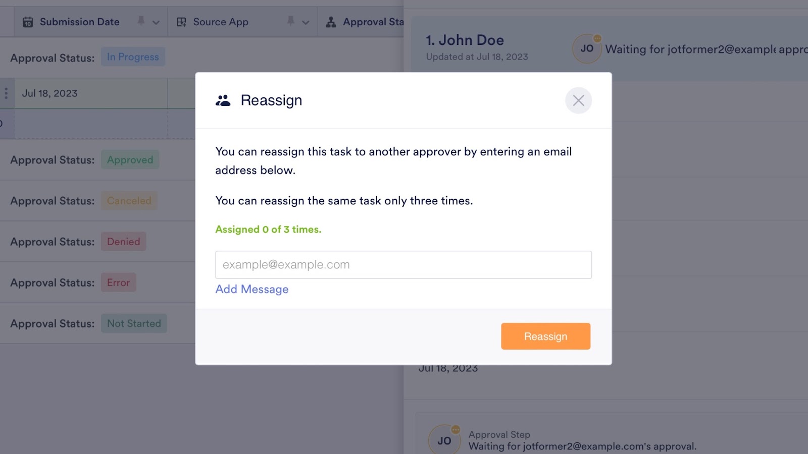 Screenshot of Jotform Tables interface displaying features designed to streamline approval processes