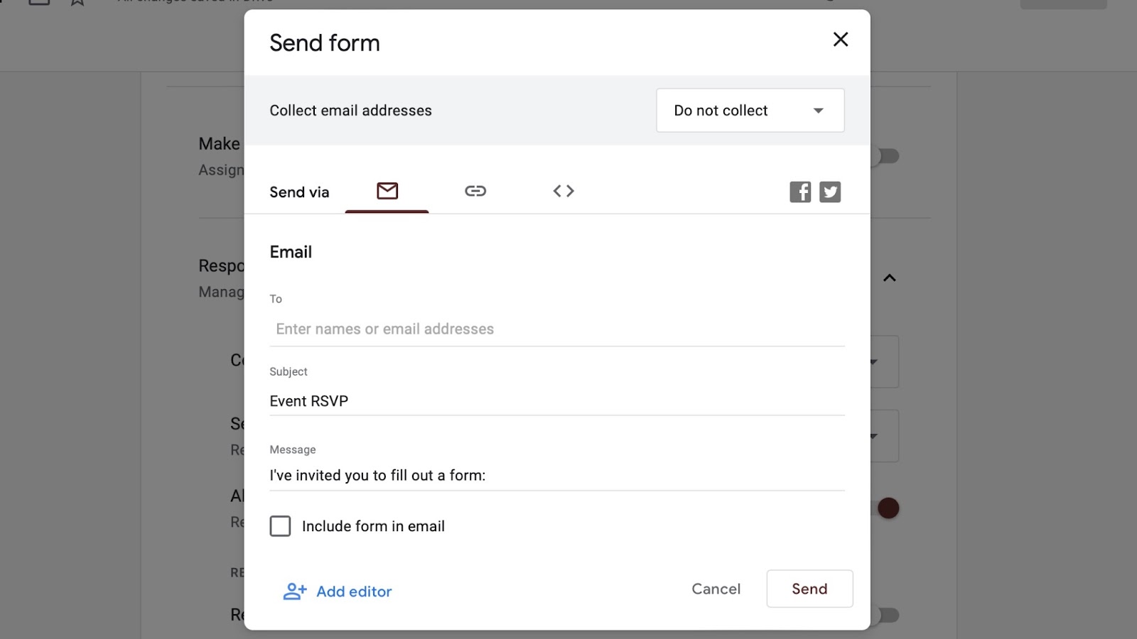 Bir form arayüzünde 'E-posta' paylaşma yöntemi seçeneğinin ekran görüntüsü