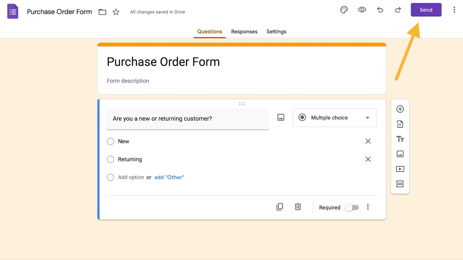Tamamlanmış bir Google Formu gösteren resim, kullanıcıların formu, özellikle satın alma siparişi onaylarında görevli iş arkadaşlarına göndererek test etmelerini teşvik ediyor