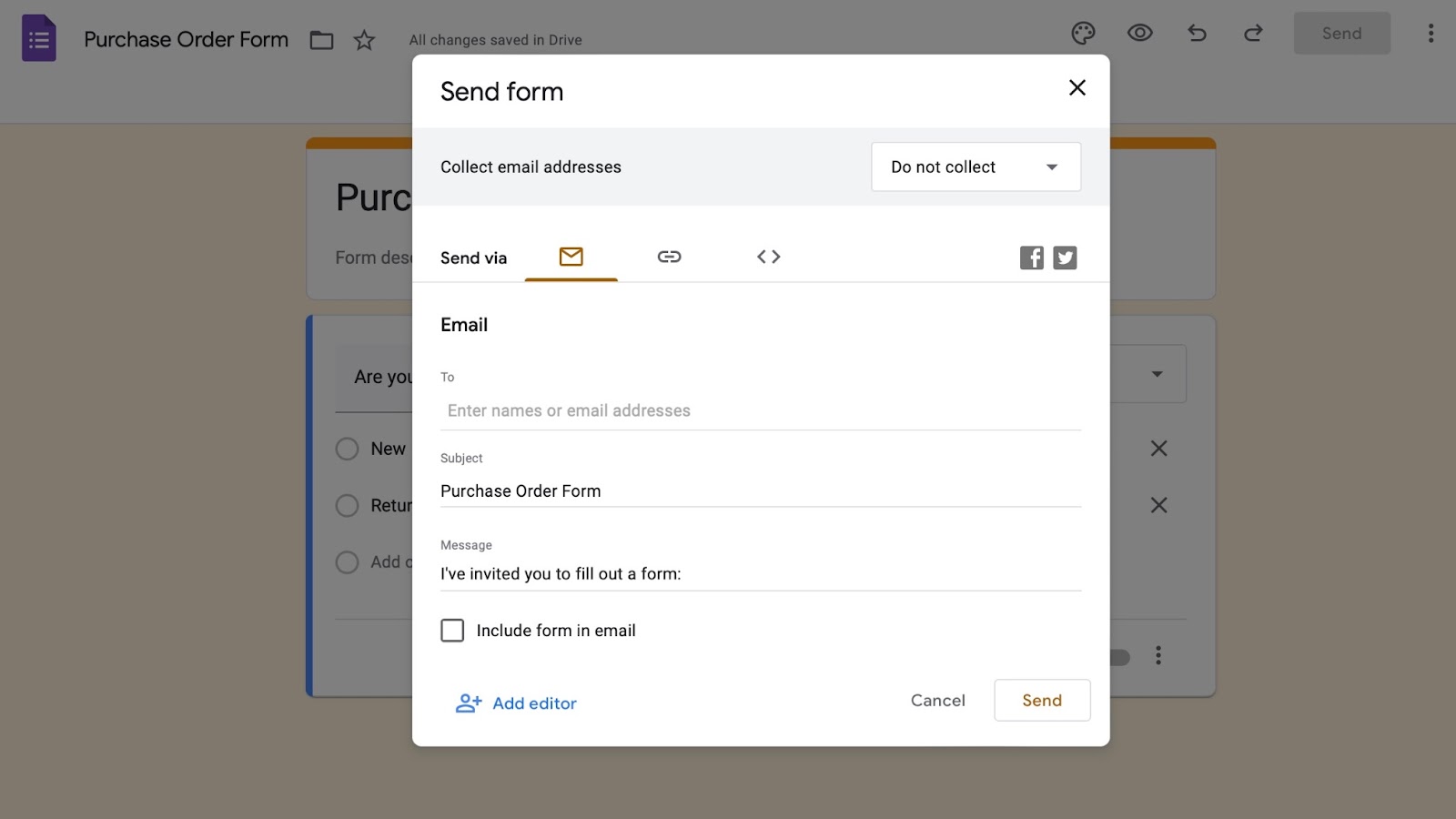 Google Forms arayüzünde 'Gönder' butonunu gösteren ekran görüntüsü