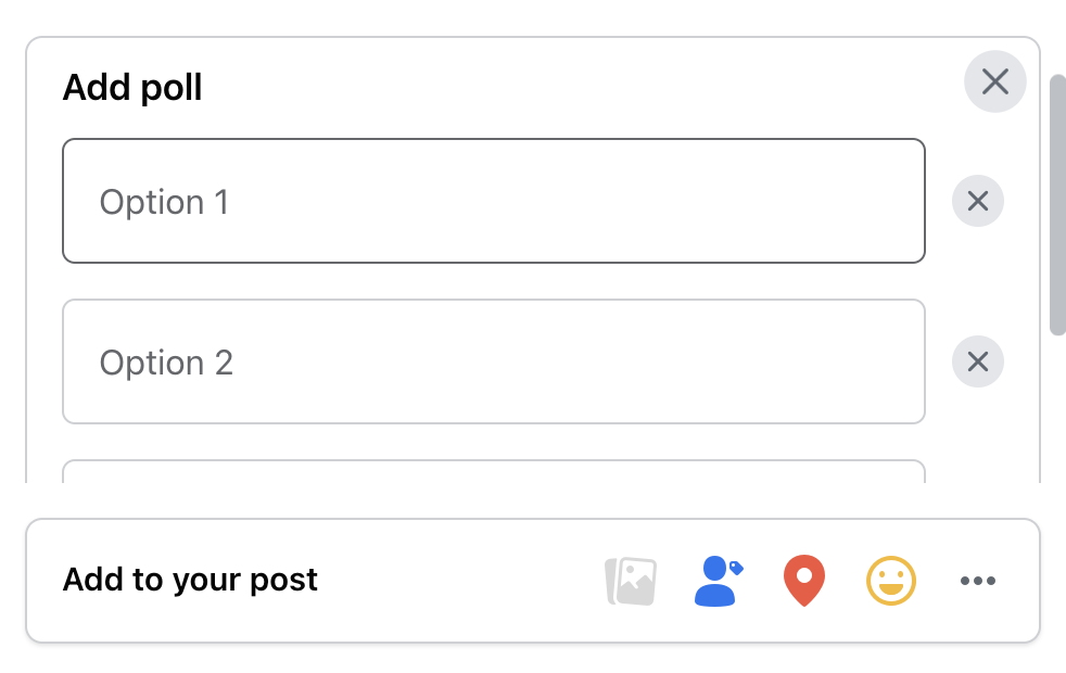 Screenshot of the poll creation interface on Facebook, showing fields for entering poll questions