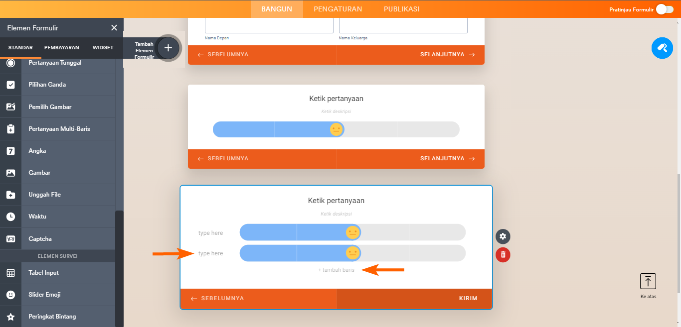 Penggeser emoji formulir Jotform Kartu menambahkan baris