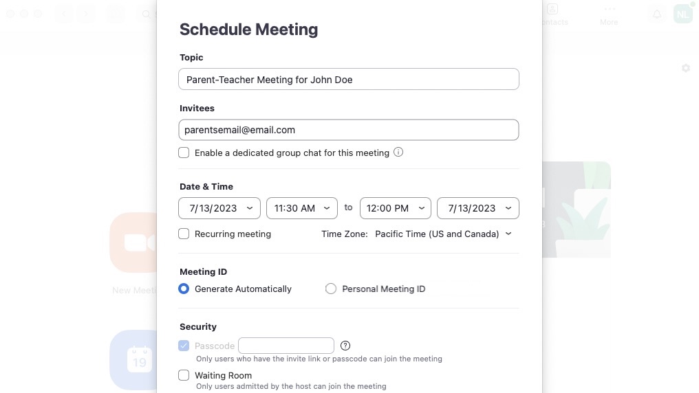 Screenshot of the Zoom scheduling interface where fields for entering meeting details are visible