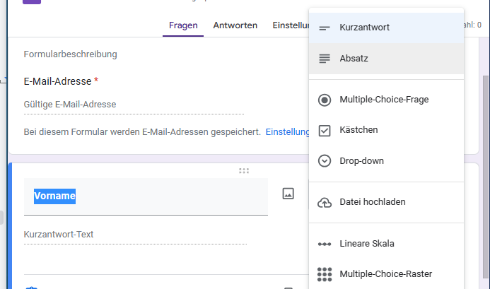 Google Formulare Übermittlungen